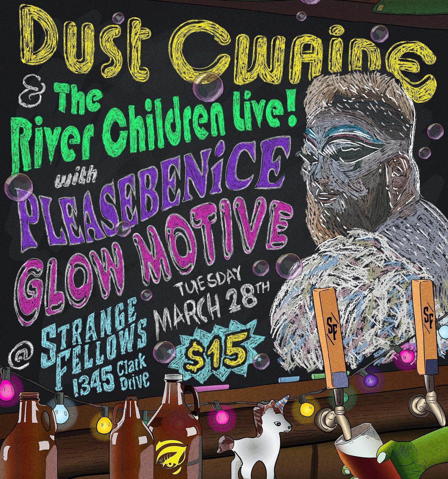 Dust Cwaine and their band The River Children are gonna be invading  @strangefellowsbrewing Tuesday March 28th with their queer music! You won&rsquo;t wanna miss this dose of queer joy! 
Get tix in bio!

$1 from every beverage consumed is being donat
