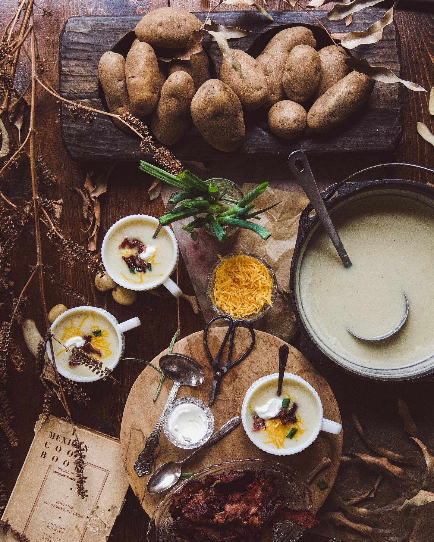 Easy Potato Soup Recipe

Soup Ingredients 
&bull;10 small russet potatoes, peeled and cubed
&bull;2-3 tablespoons butter
&bull;2 cups whole milk 
&bull;1/4 cup heavy cream
&bull;4 cups chicken stock
&bull;salt and pepper to taste

Toppings
&bull;sour