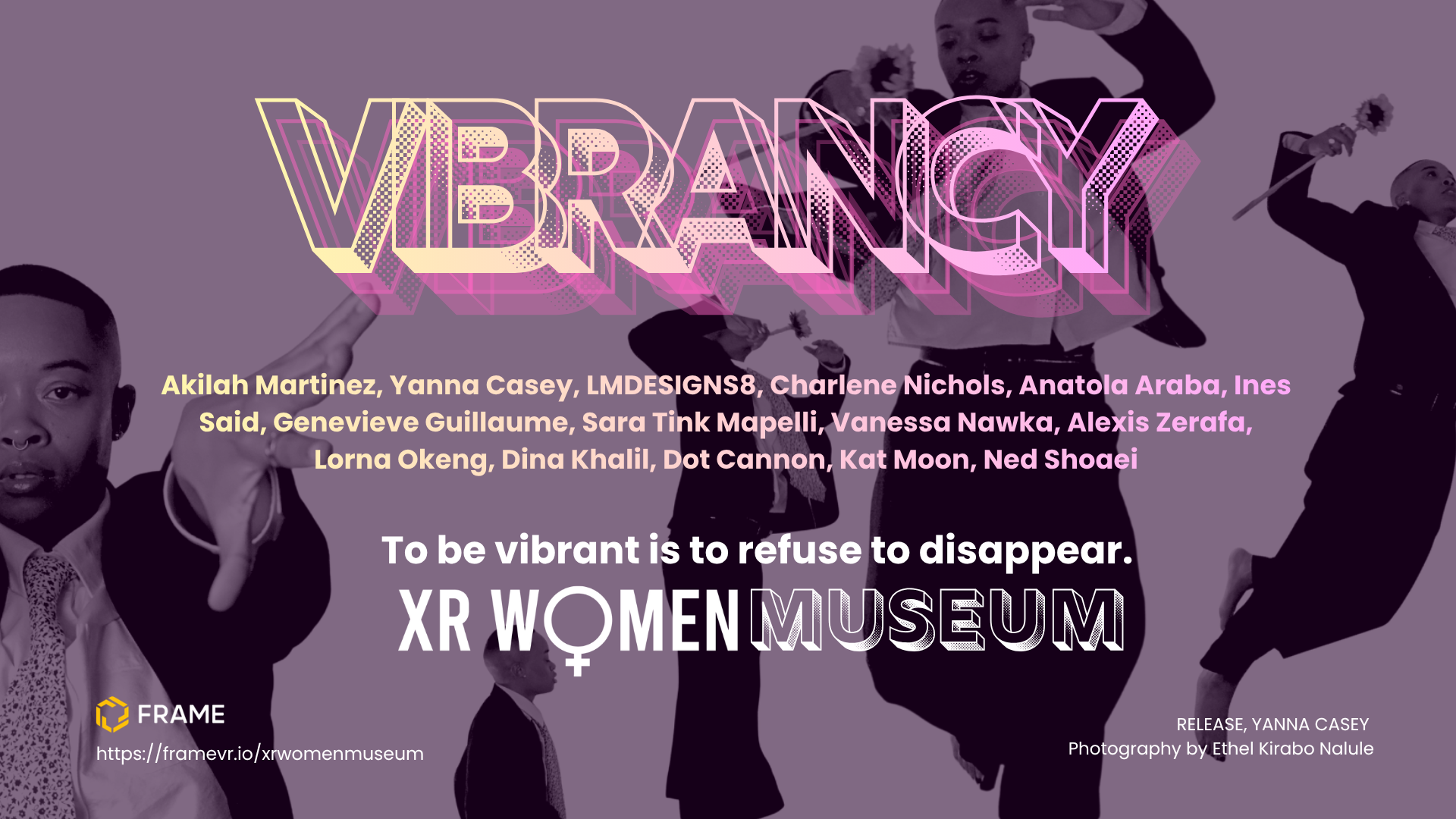 Image of Artist Yana Casey jumping with a flower in her hand. A gradient yellow to pink text copy says "Vibrancy" and lists the Artists.