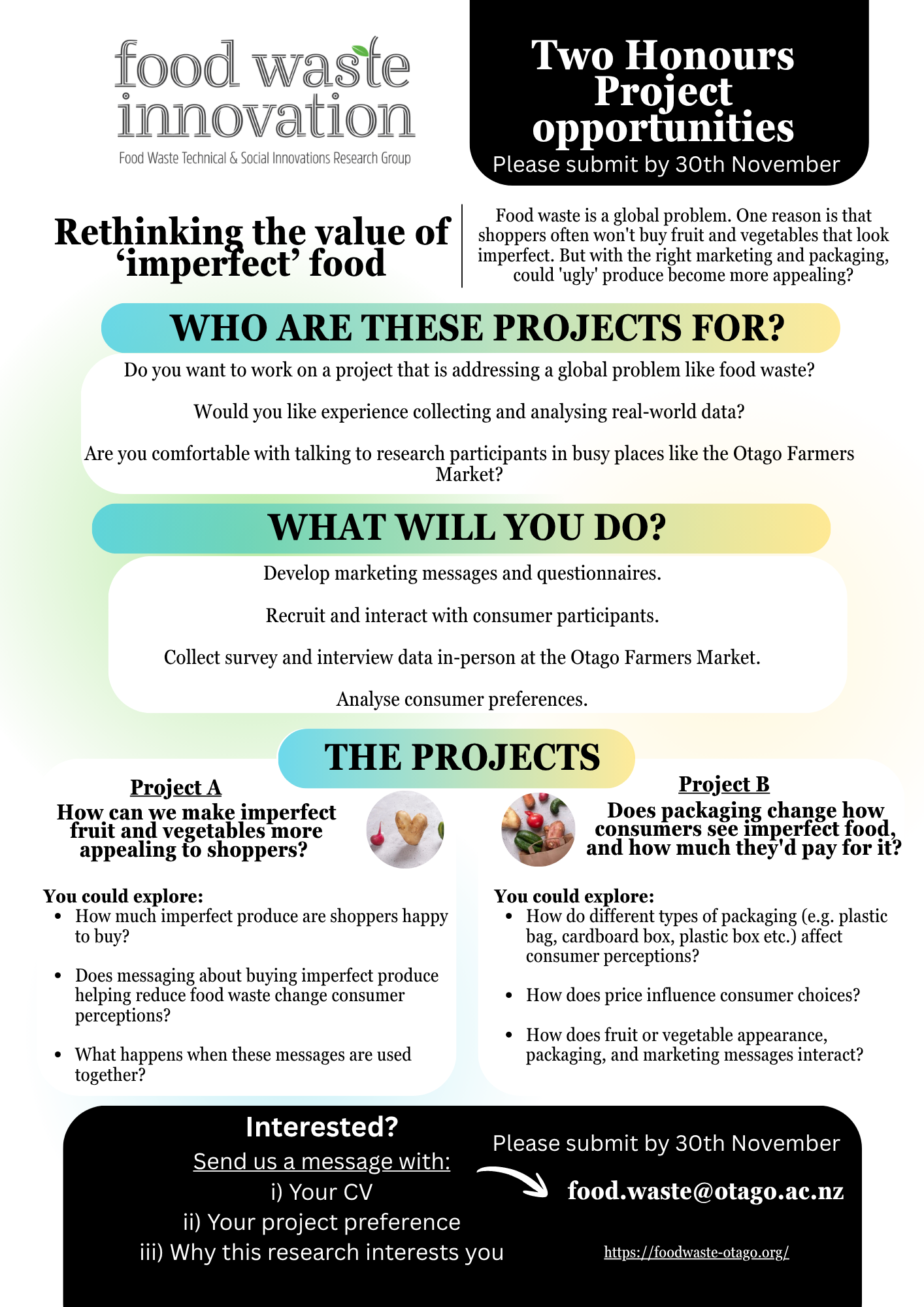 Advertisement for two honours students for 'Rethinking the value of imperfect food'.