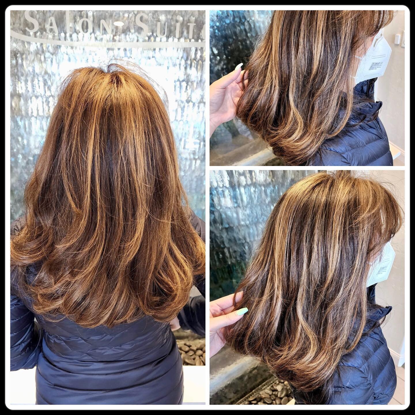 My beautiful client Terry wanted to brighten up her hair 🤩 I did a partial foil to lighten her up and a gloss to give her that perfect honey 🍯 color 💛 Then to show off Terry&rsquo;s new layered haircut Michelle @michellerose_hair finished her hair