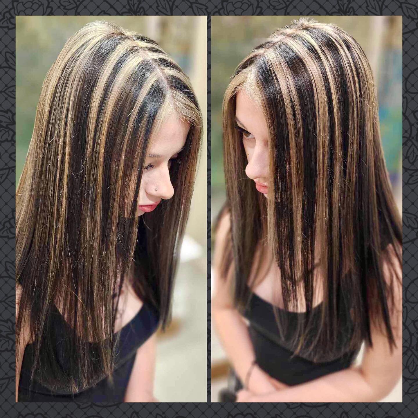🚨Transformation Tuesday!!! 🚨Michelle&rsquo;s client wanted a GIANT change and 4 hours later Amelia got the 🦓 hair of her dreams!!! 😻 Michelle did a mix of highlights and low lights to achieve this custom block color pattern. She finished with a g
