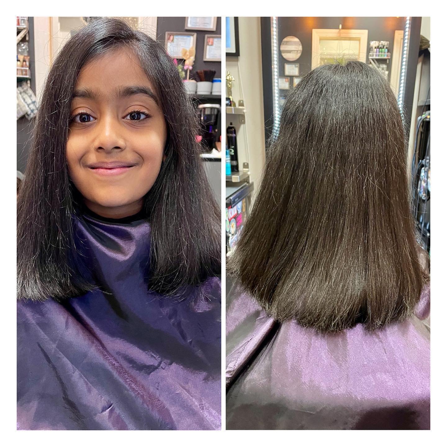 Kids cuts 🩷Kids cuts 🩵Kids cuts ✅ Yes we do little ladies haircuts and styles too. Cindy got to do 2 mini makeovers. Both sisters Shanya &amp; Shivika both wanted a big change so Cindy did a big chop ✂️ and cut off 5inches &amp; 4inches off each of