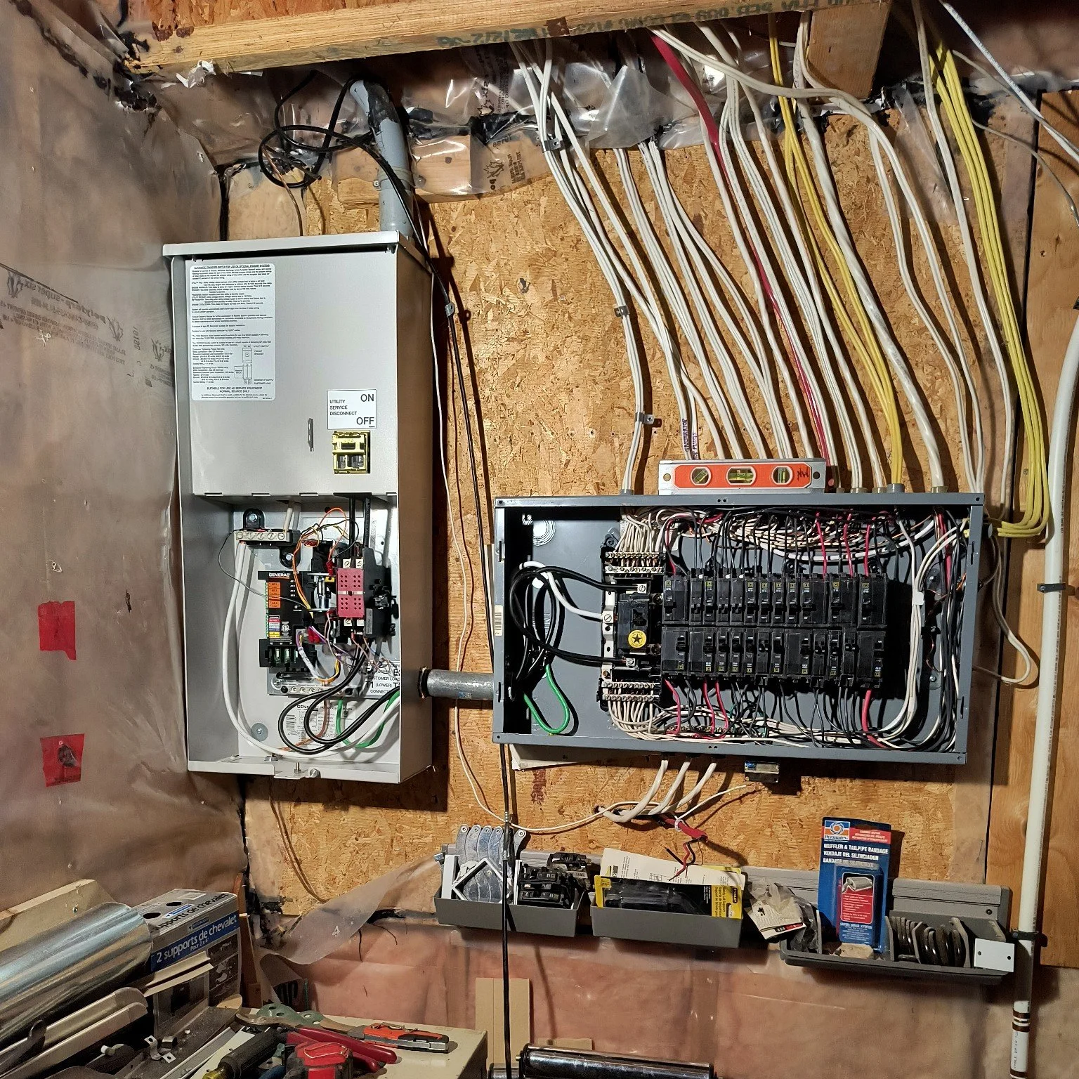 200A automatic transfer switch and panel wiring during generator installation — licensed electricians serving Brockville and Eastern Ontario