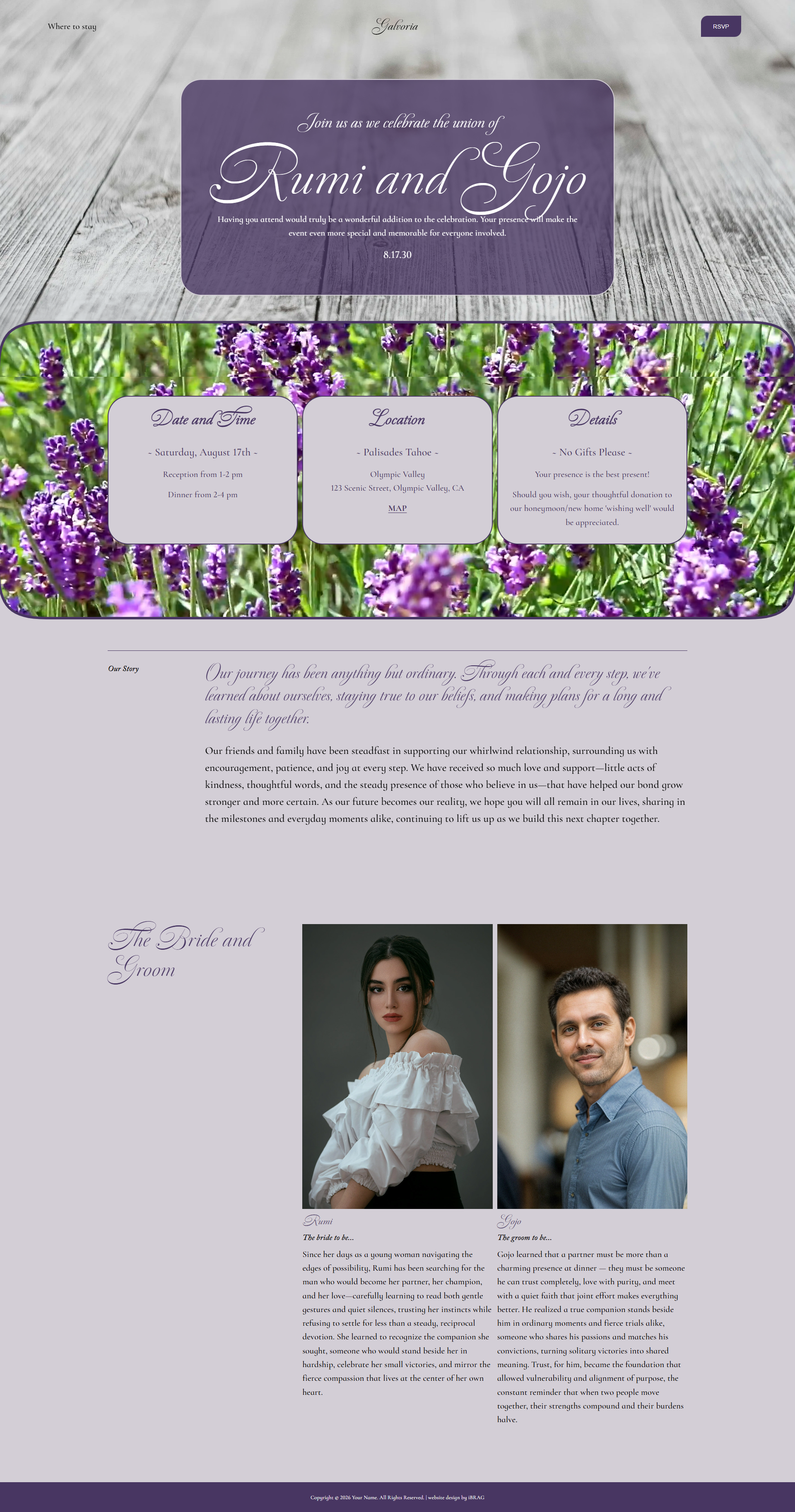 Wedding invitation with purple and lavender theme featuring text about the union of Rumi and Gojo, details about the event including date, time, and location, and pictures of the bride and groom.