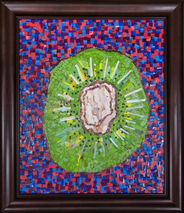 "Bossed Up Kiwi," paper collage on wood, 22"w x 26" h, 2018.