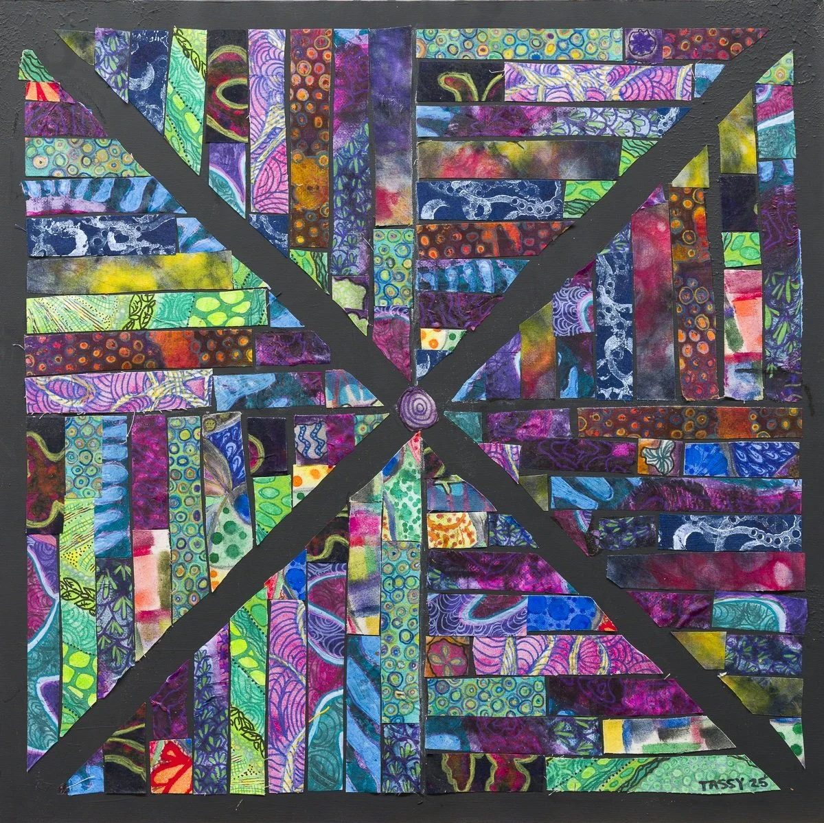 "Fabrix," Printed, painted and stamped fabric on canvas, 24" x 24", 2025.