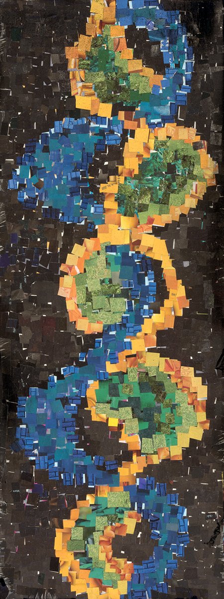 "Squiggle, Part 1," Series of four paper collages, each made of 1/2 inch cut-outs from magazines on particleboard, 8"w x 18"h, 2021.