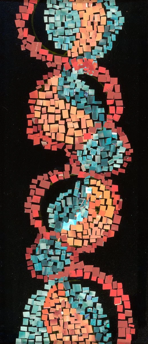 "Squiggle, Part 2," Series of four paper collages, each made of 1/2 inch cut-outs from magazines on particleboard, 8"w x 18"h, 2021.