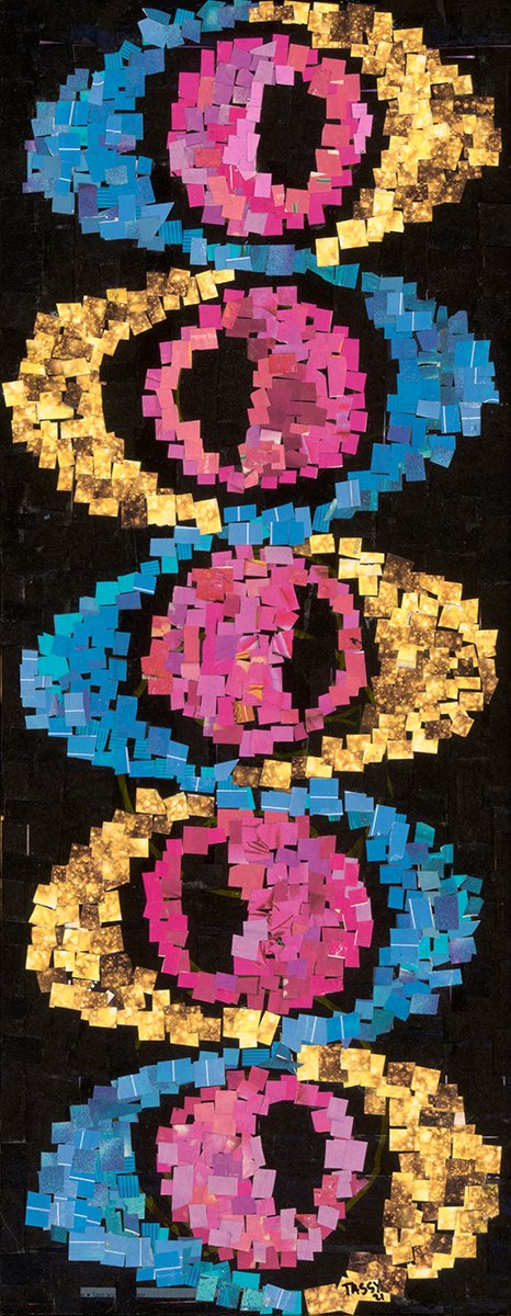 "Squiggle, Part 3," Series of four paper collages, each made of 1/2 inch cut-outs from magazines on particleboard, 8"w x 18"h, 2021.