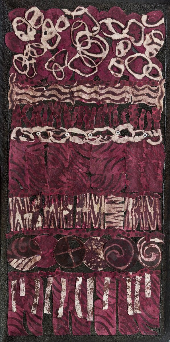 "Filtration," Batik on canvas, 20" w x 40" h, 2025.