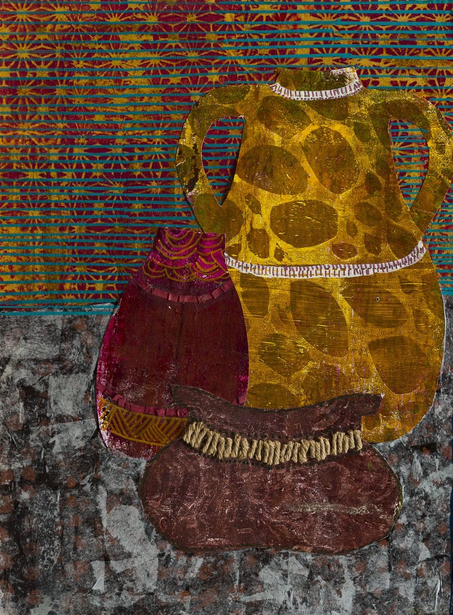 "Three vessels," Multi-media collage on cork placemat, 9" w x 12" h, 2025.