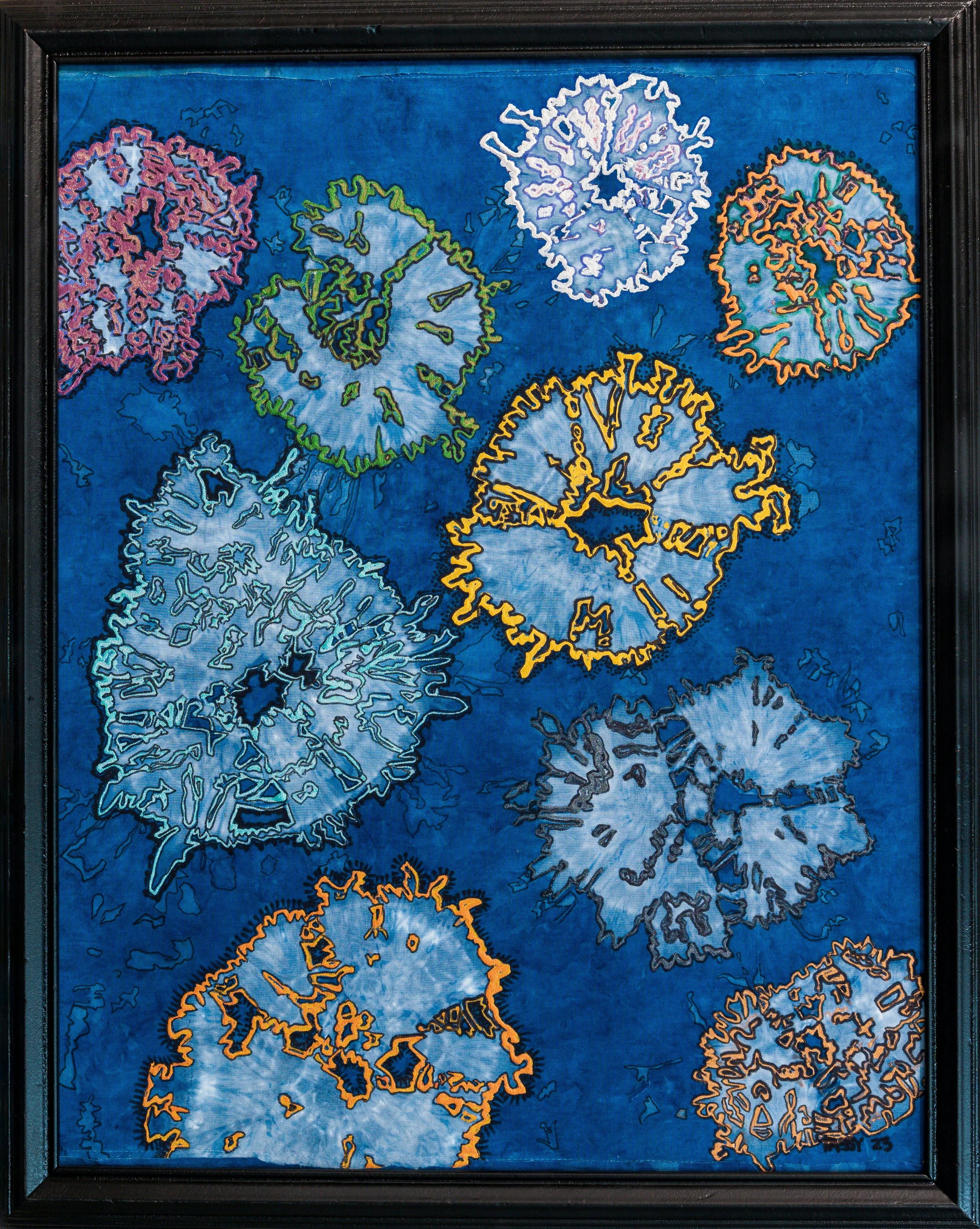 "Jellyfish," Shibori embellished with fabric paint, 24" w x 36" h, 2023.