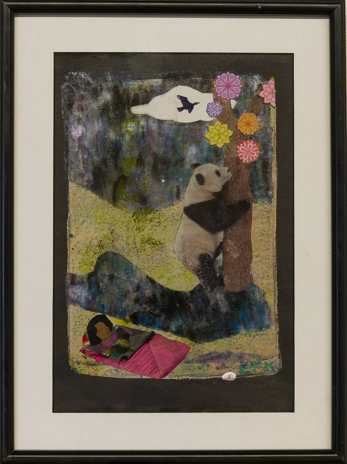 "Panda Climbing Tree to Escape Lazy Troll," paper collage, 8" w x 10" h, 2025