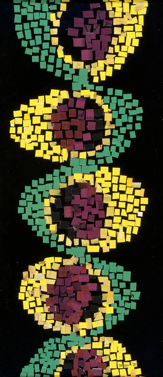 "Squiggle, Part 4," Series of four paper collages, each made of 1/2 inch cut-outs from magazines on particleboard, 8"w x 18"h, 2021.