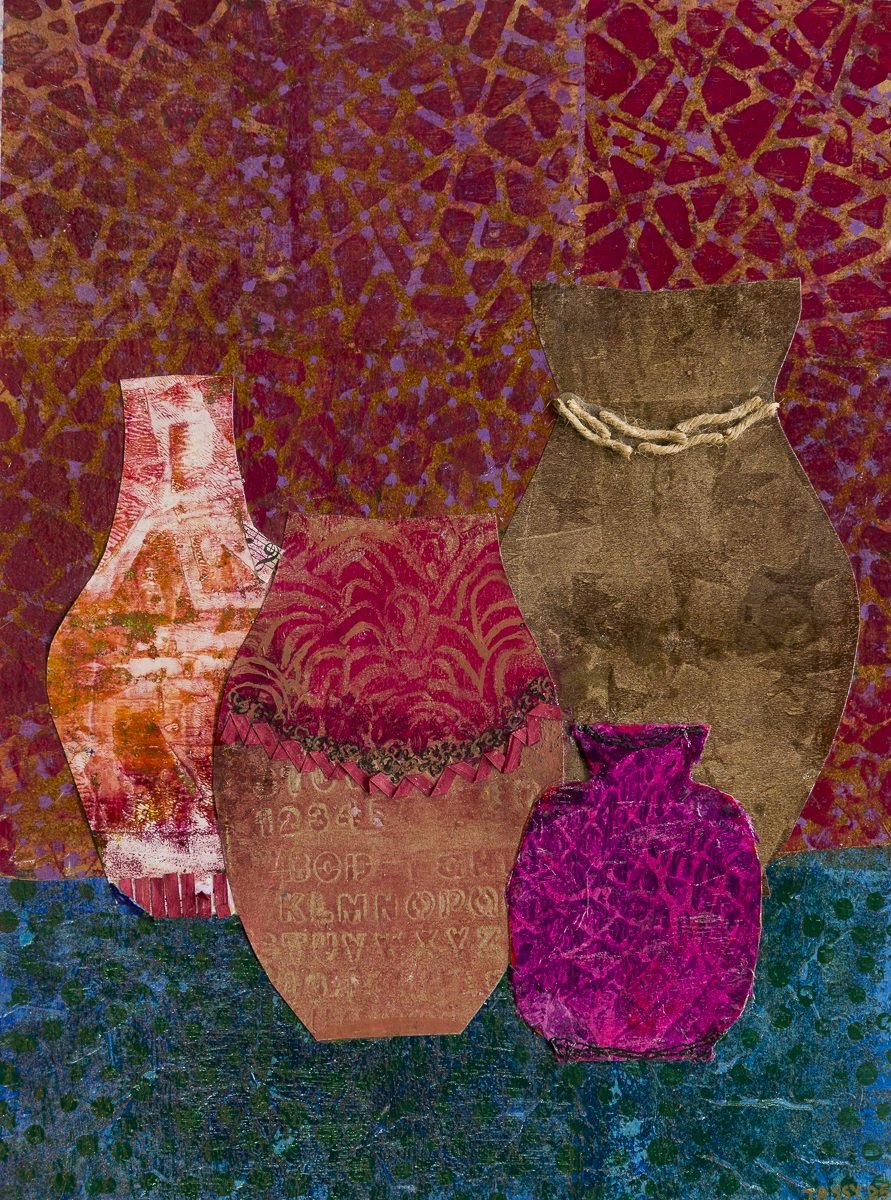 "Four Vases," Multi-media collage on cork placemat, 9" w x 12" h, 2025.