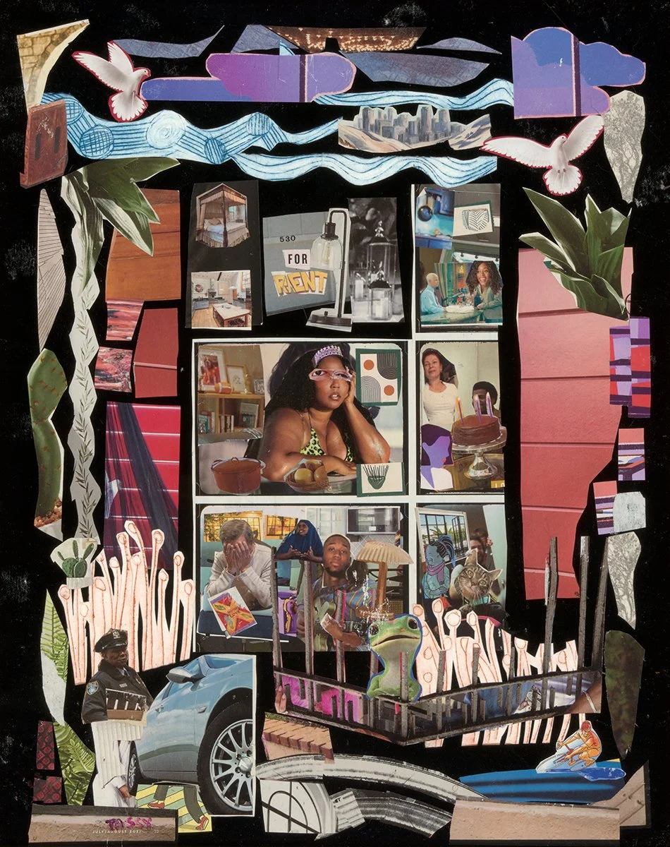 "Looking Out the Window on the Block," Paper collage, 16" w x 20" h, 2023.