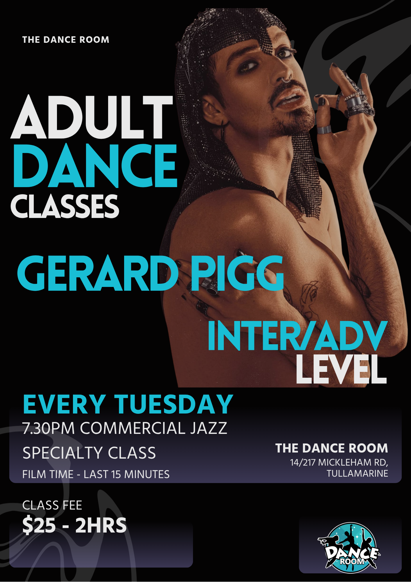 adult dance classes at The Dance Room  . The class is held every Tuesday at 7:30 PM with a fee of $25 for 2 hours, including a commercial jazz style and a special class . The location is 14/217 Mickleham Rd, Tullamarine.
