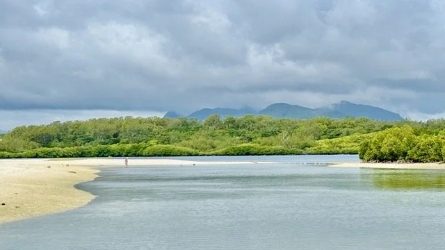 航拍呈現 Ile Aux Cerfs 周邊海域的透明度與潟湖色彩，適合用於描述 turquoise lagoon 與 aerial view。
