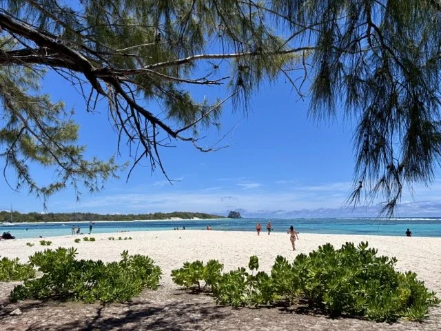 Ile Aux Cerfs 的粉白沙灘與遊客放鬆畫面，沙灘與潟湖的明亮藍綠色調突顯 tropical beach escape。