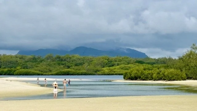 Ile Aux Cerfs 海灘上的吊床與度假氛圍，遊客在沙灘放鬆享受度假時光，呈現 tropical relaxation。