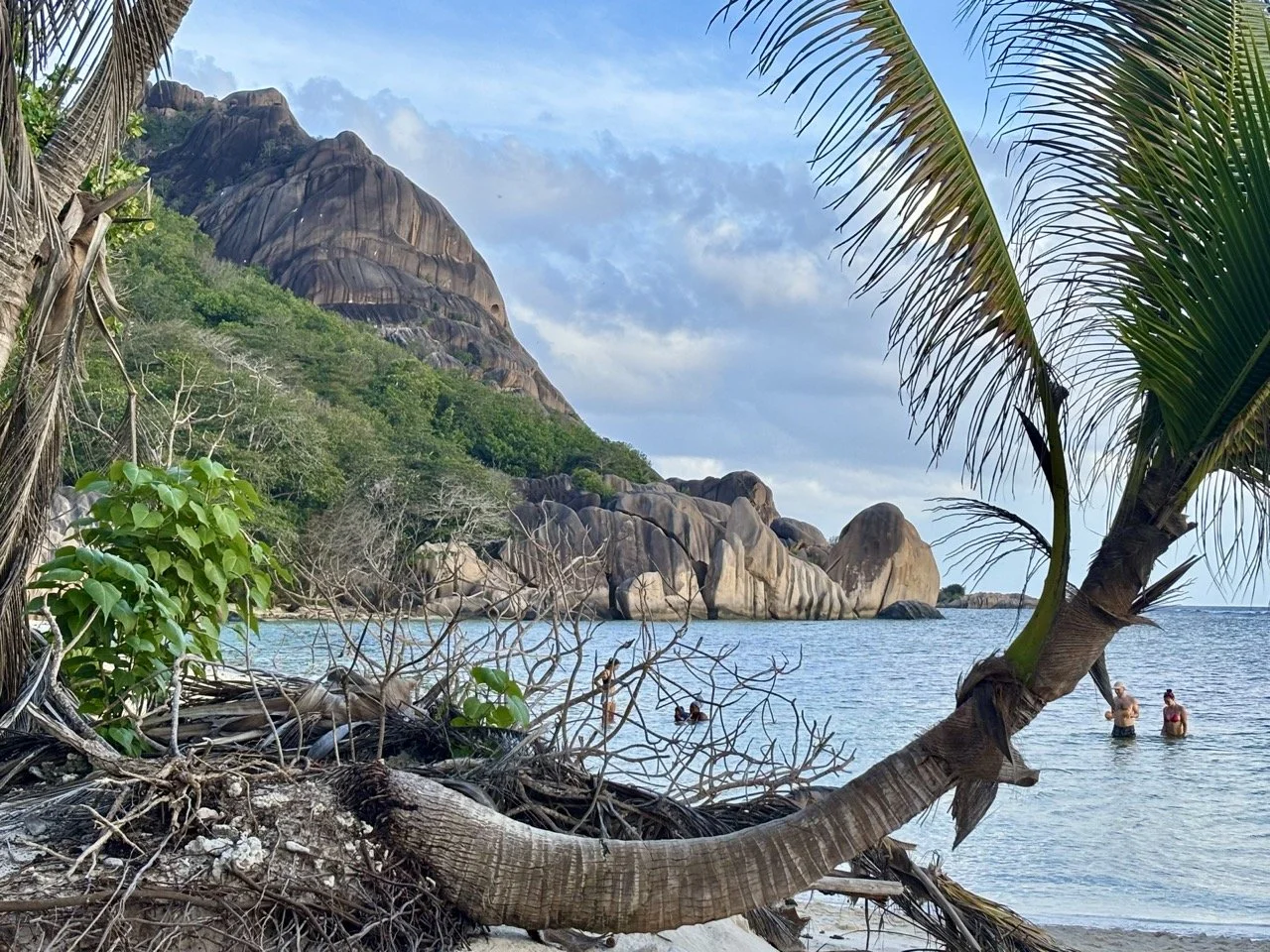 Petite Anse Beach 海灘攝影畫面，白色浪花與灰色花崗岩形成鮮明的拉迪格島色彩對比。