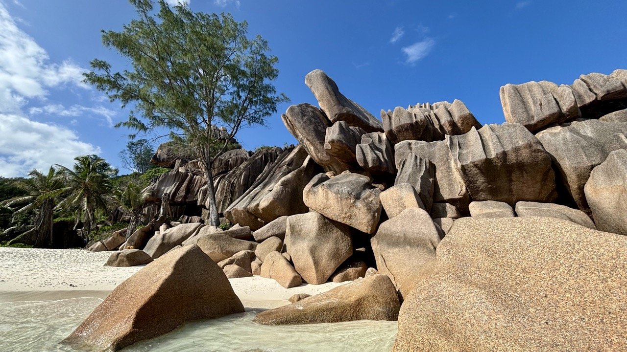 塞席爾拉迪格島 La Passe 的咖啡館與街區景觀，旅客可在此休息並體驗悠閒島嶼生活。