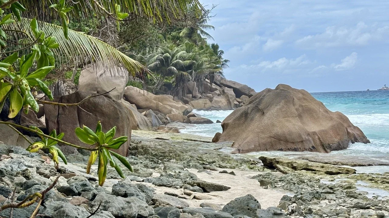 拉迪格島 Anse Cocos 海灘，隱密海灣、熱帶植被與花崗岩景觀呈現原始的塞席爾風情。