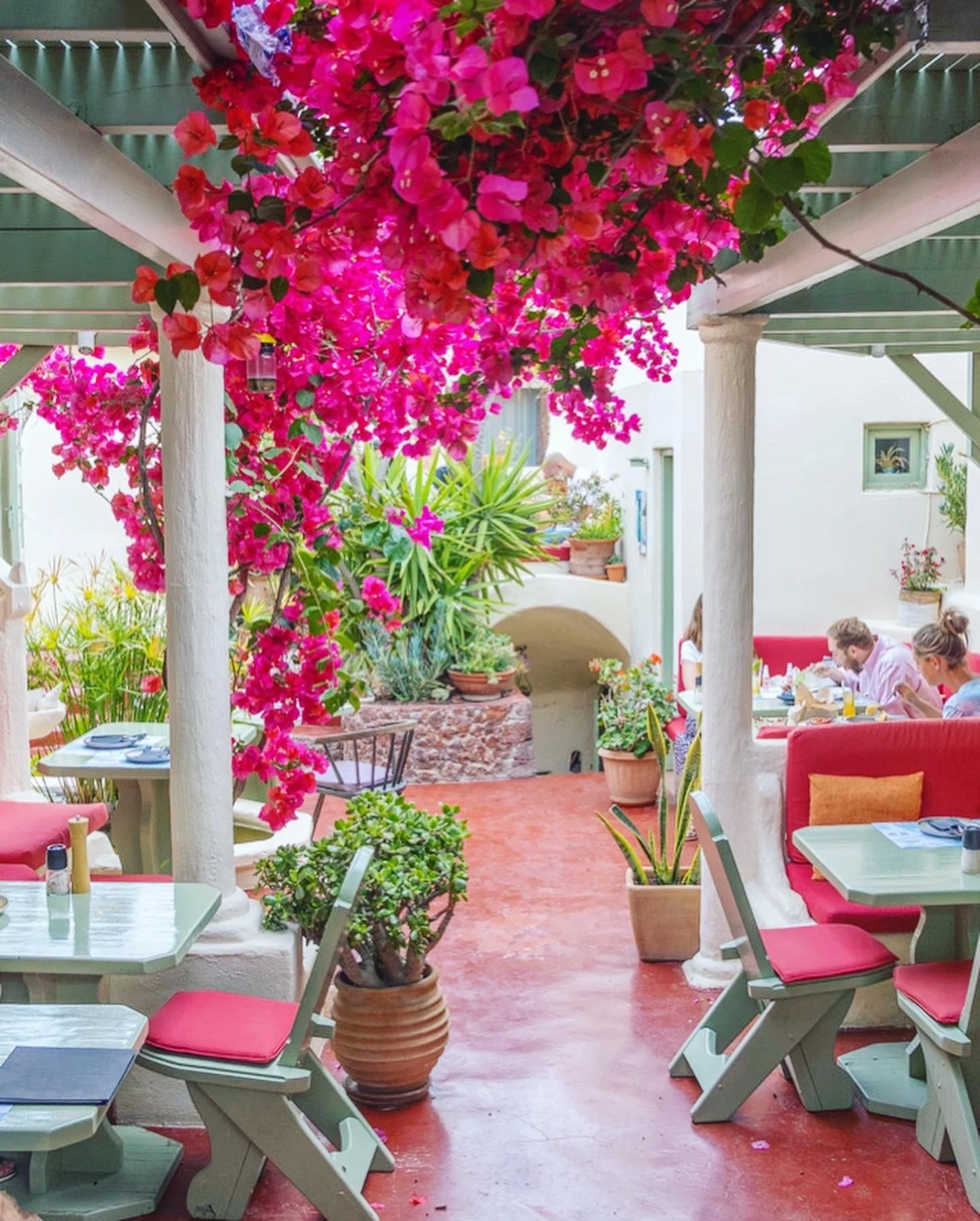 最佳聖托里尼戶外座位，花園環境愜意 │ Outdoor garden shade seats at Santorini’s best restaurant