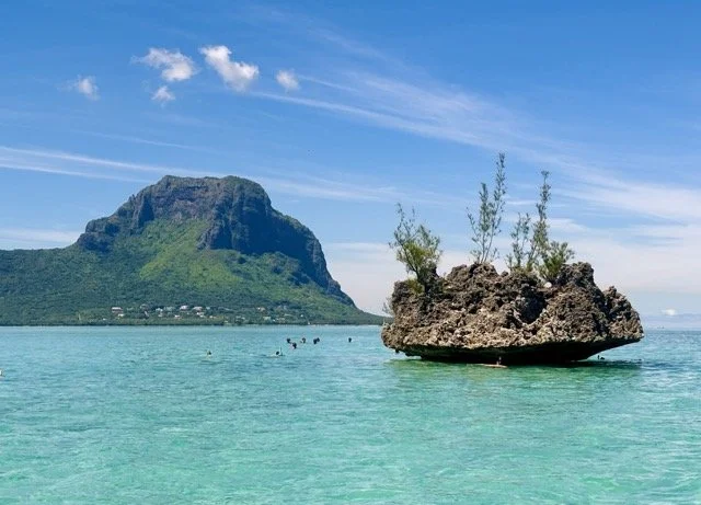 Crystal Rock（模里西斯）附近透明淺灘浮潛景象，遊客戴著面鏡在清澈海水觀察熱帶魚與珊瑚，適合描述 Tamarin / Benitiers 海豚行程與 Mauritius island hopping 的 snorkeling 熱點。