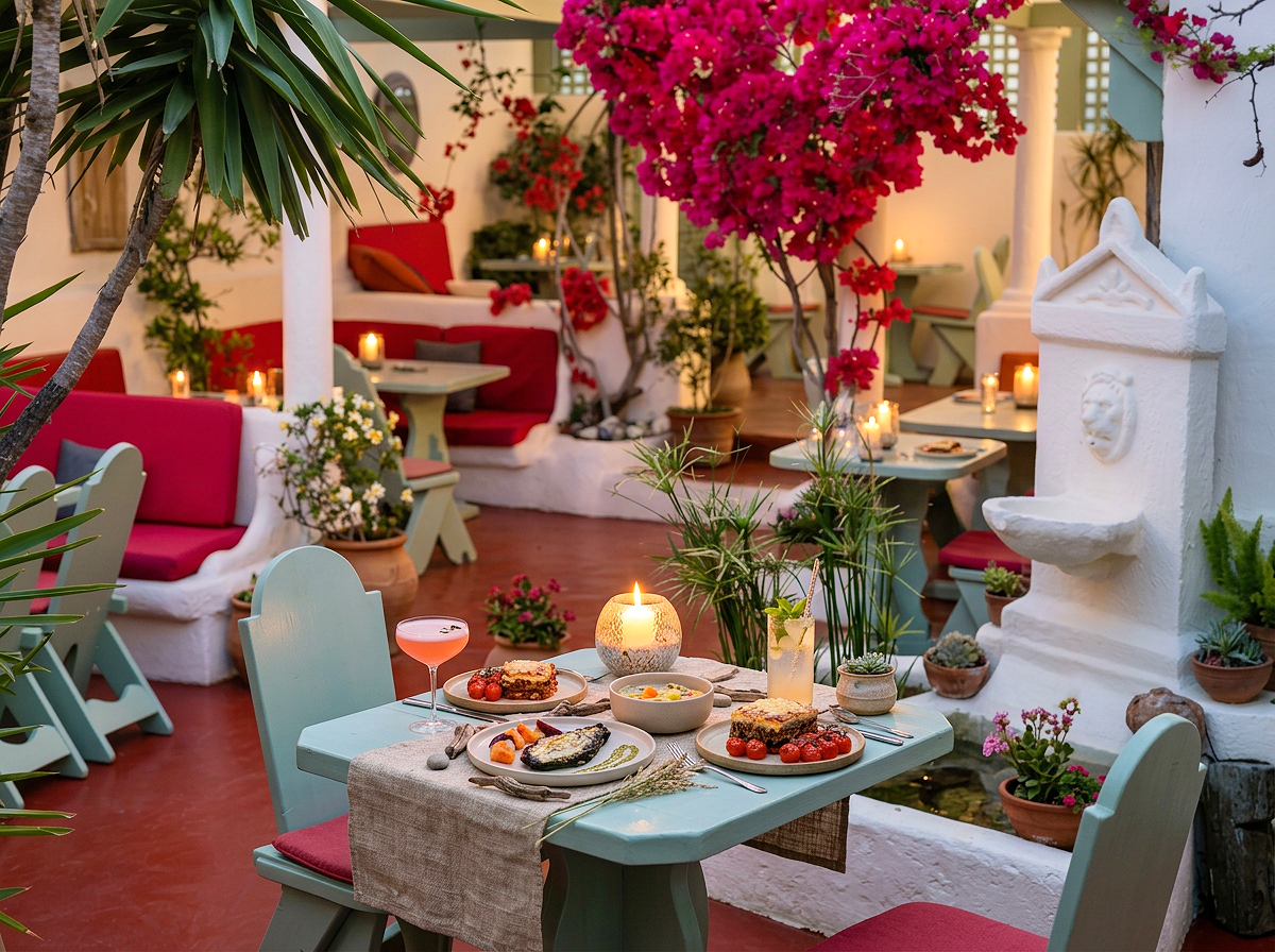 Enjoy a romantic dinner in Oia at Karma Greek Restaurant, surrounded by a charming and peaceful atmosphere. The restaurant is a lovely choice for couples who want traditional Greek cuisine and an intimate evening away from the busiest streets.
