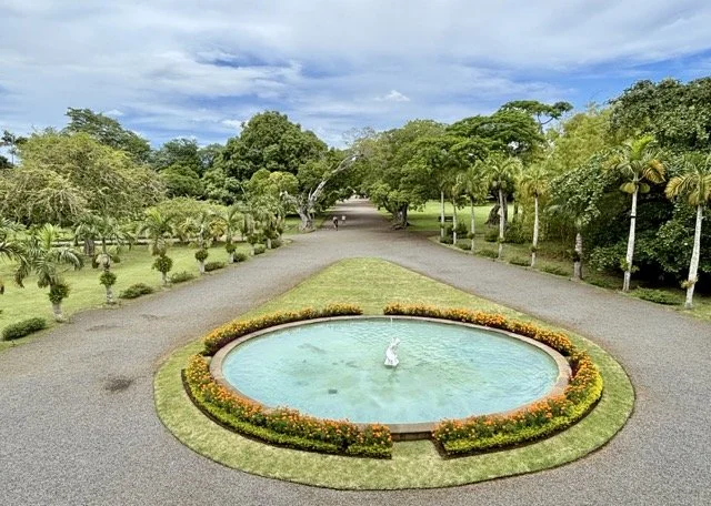 拉伯多納莊園庭園與殖民建築外觀，遊客導覽與莊園朗姆酒品鑑區拍攝。 Château de Labourdonnais gardens and colonial façade with visitors touring and rum tasting area, Mauritius heritage estate.