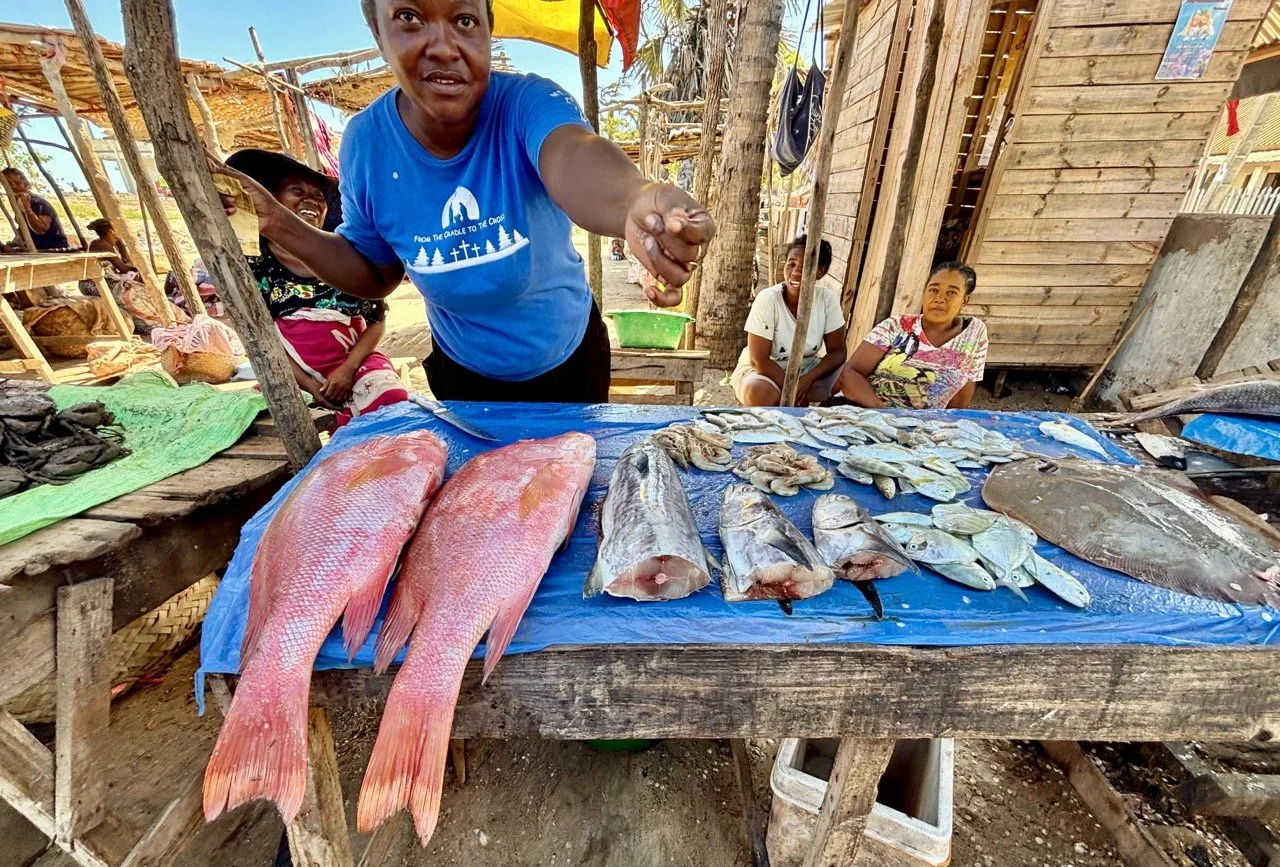 當地烤魚拼盤與配菜展示，Morondava 美食拍攝示例；Local grilled fish platter with sides, Morondava food photography example.