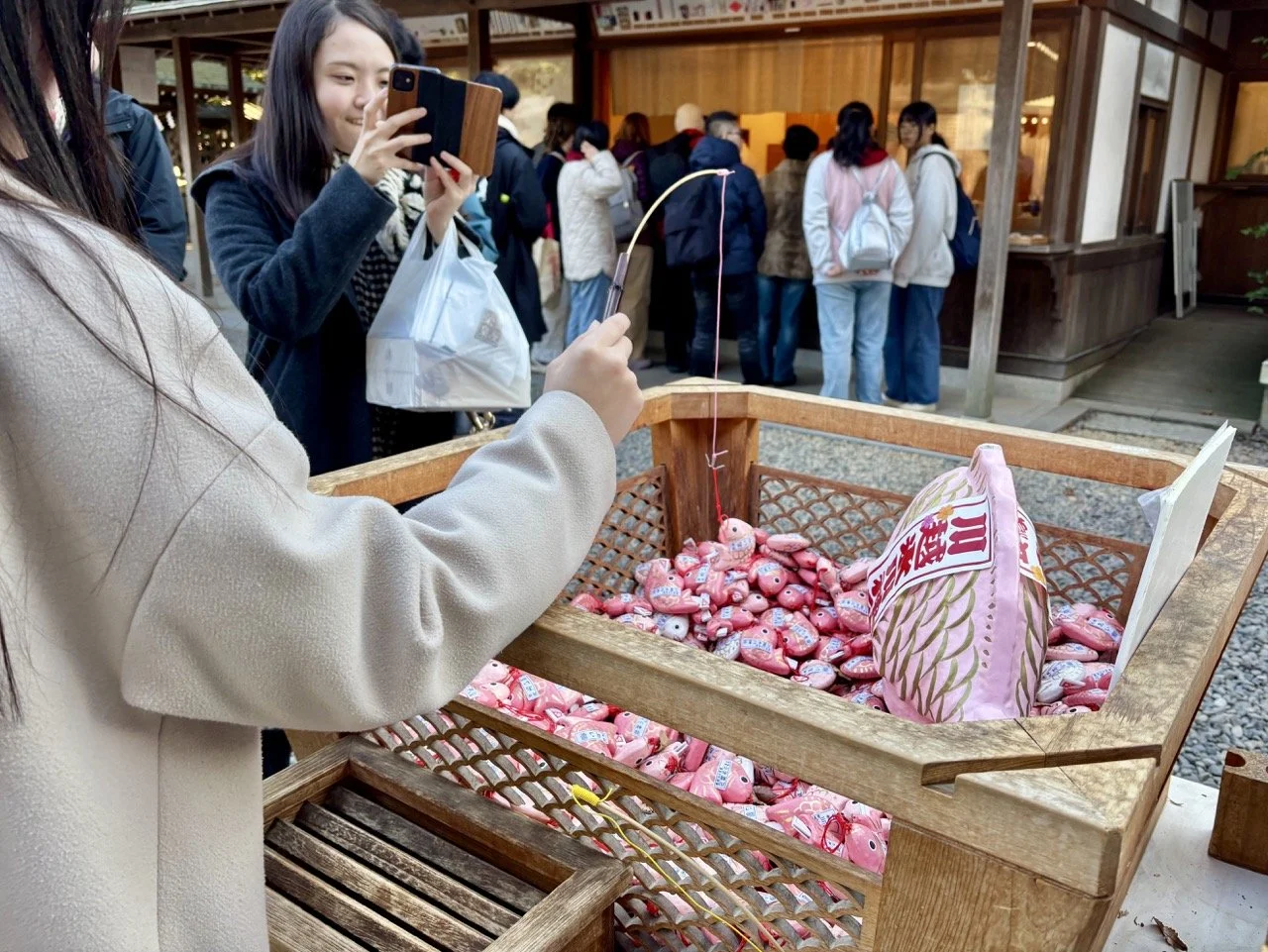 川越冰川神社特色鯛魚籤體驗，遊客使用釣竿抽取象徵好運與姻緣的御神籤。