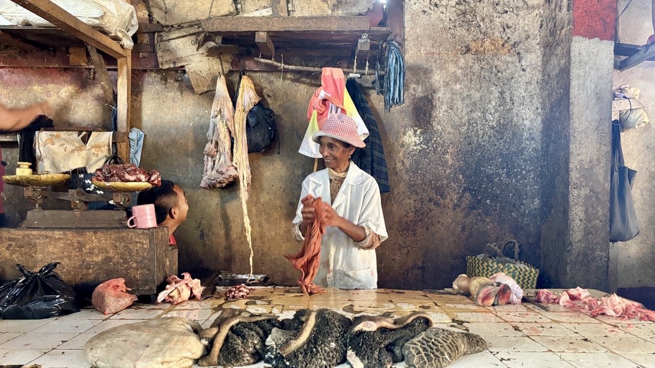 Ranomafana 市集新鮮蔬菜攤：彩椒、番茄與葉菜堆疊，突顯在地農產與市場活力；Ranomafana market fresh vegetables stall — colorful peppers, tomatoes and greens showcasing local produce and market vitality.