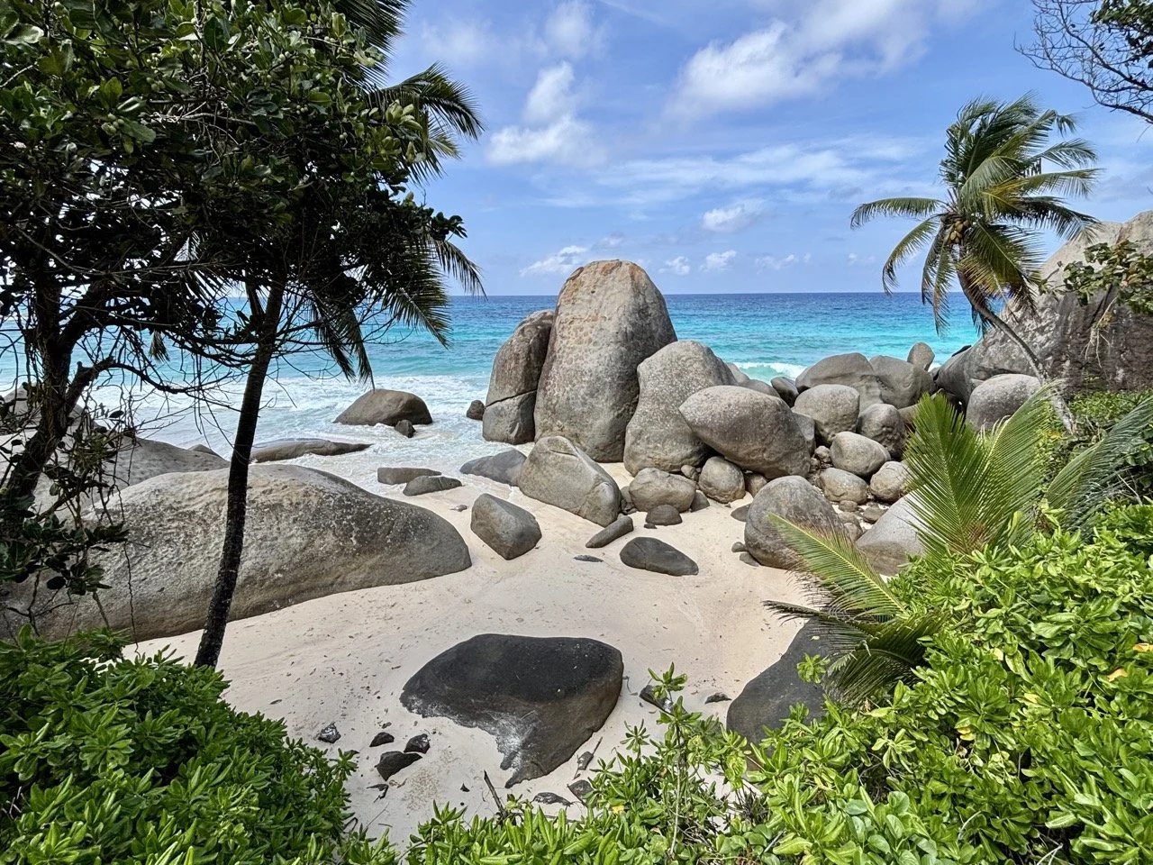 馬埃島 Anse Soleil 熱帶海灣被綠色植物包圍，清澈海水與天然岩石構成寧靜的塞席爾海島畫面。