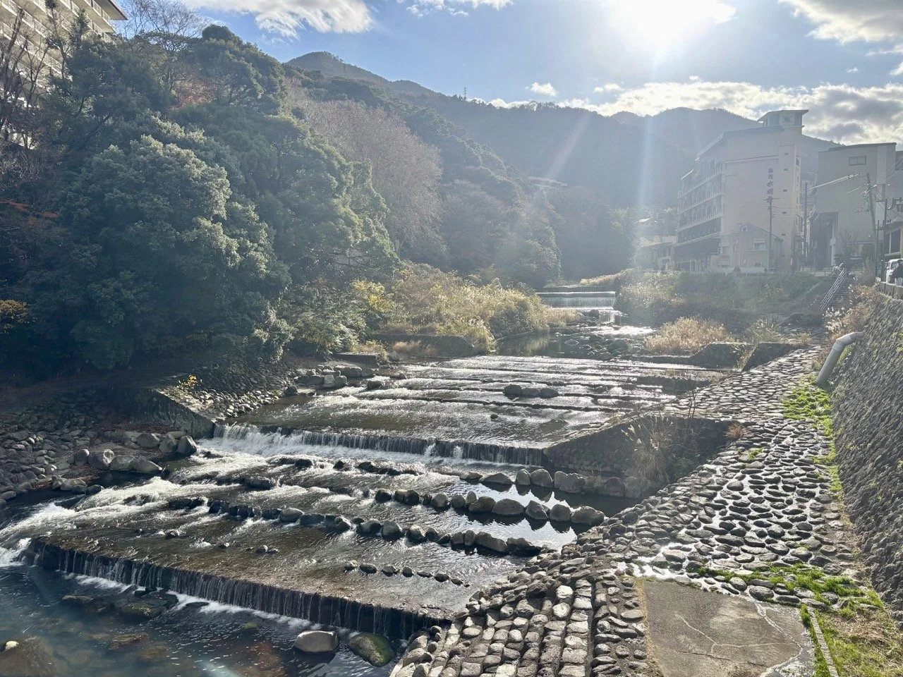 箱根空中纜車穿越山谷前往大涌谷，旅客可從高空欣賞火山地形與箱根山區的壯觀景色。