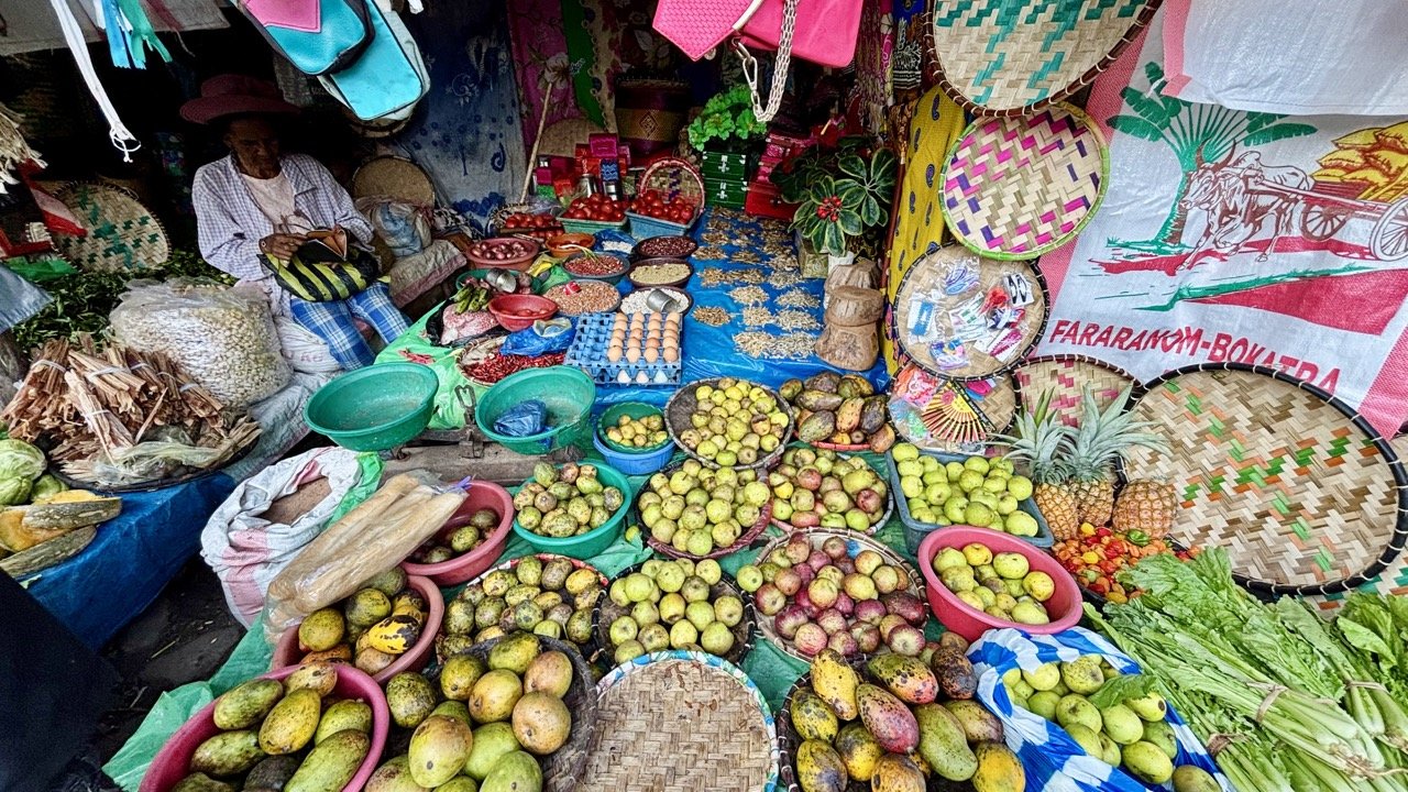 安達西市集人文紀實：市場攤位、熱帶水果與日常場景；Andasibe village market life — street food, tropical fruit and local culture.