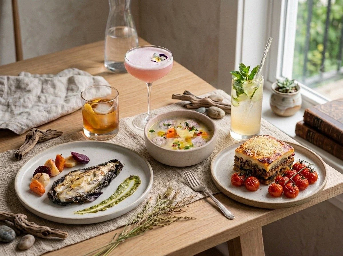 Karma Greek Restaurant 的花園用餐環境，旅客可在 Oia 的寧靜綠意中享用 Taste of Greece 希臘經典套餐。