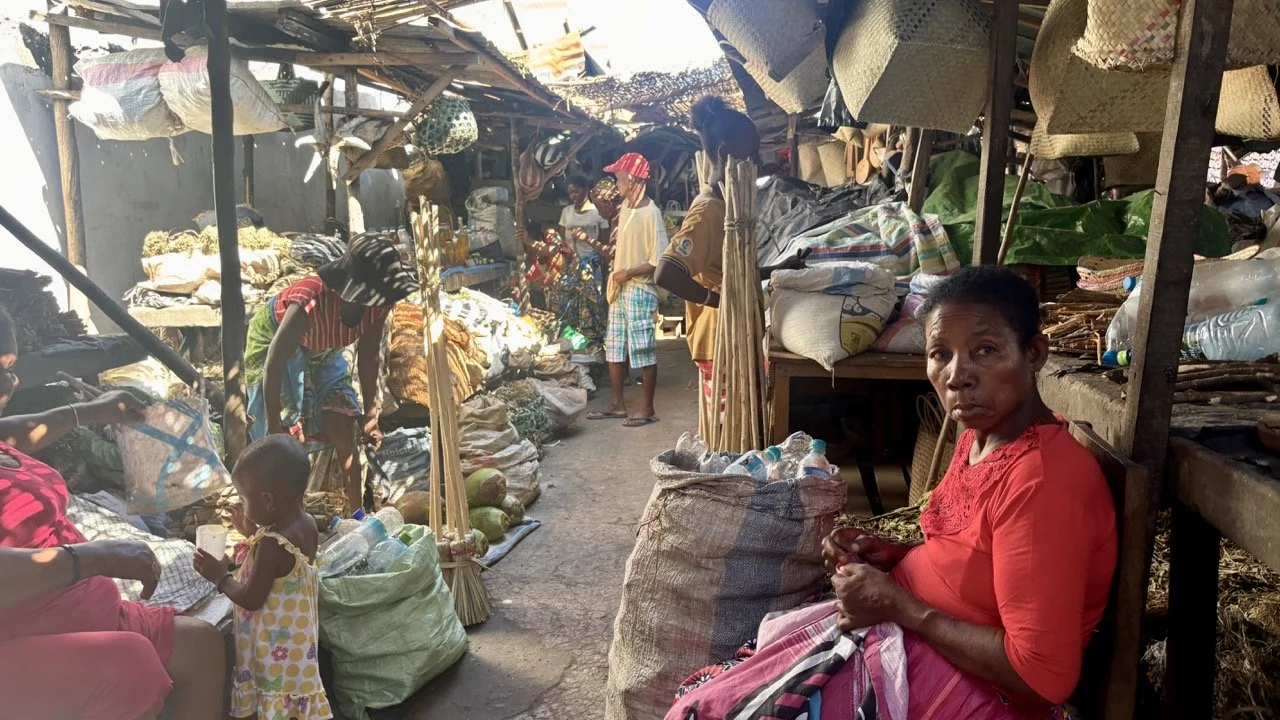 市場熱帶水果攤位色彩豐富，芒果、菠蘿與香蕉特寫；Colorful tropical fruit stall at Morondava market — mango, pineapple, banana close-ups.