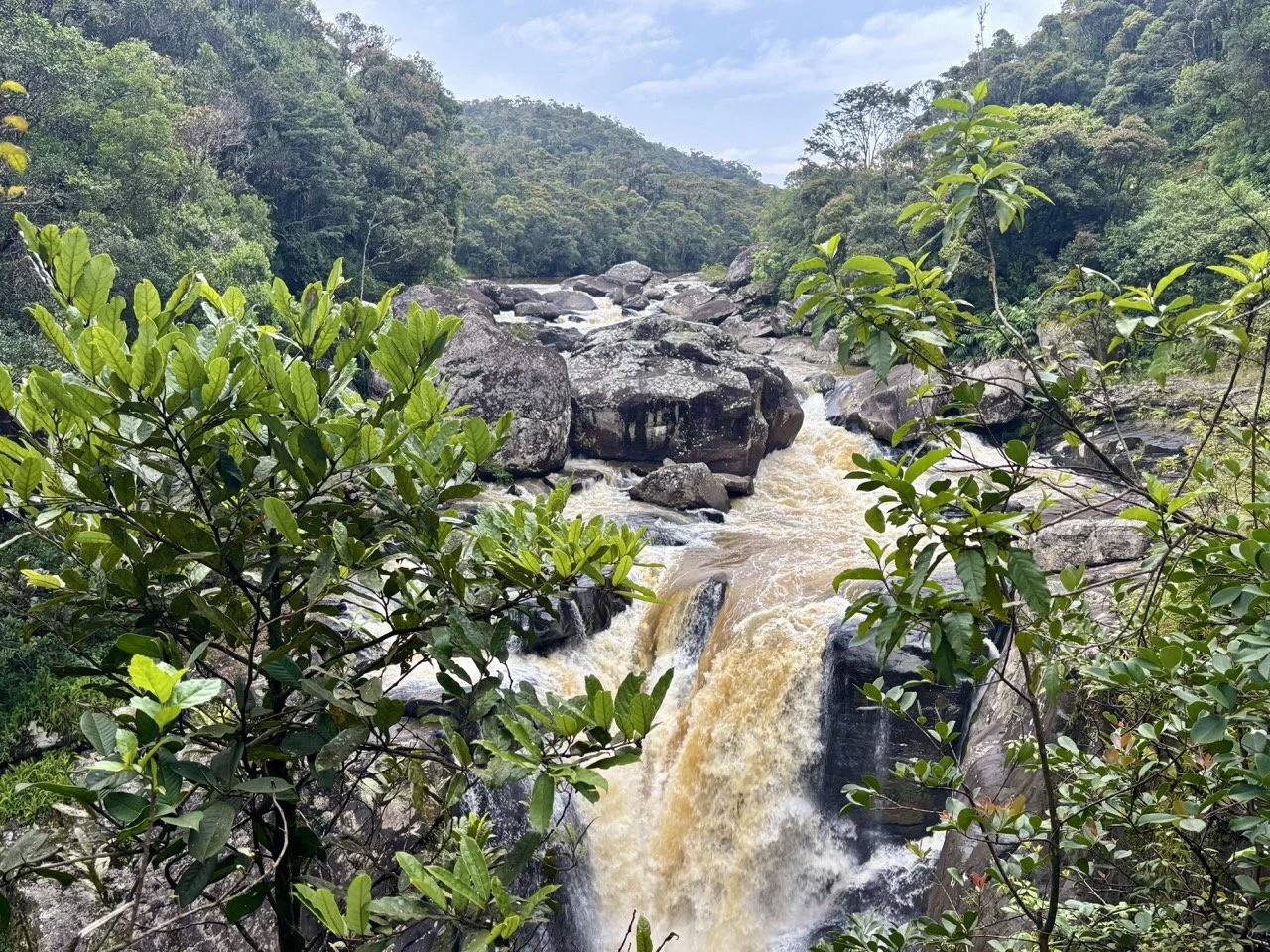 瀑布池倒影與雨林前景構圖，長曝與廣角結合示範；Waterfall pool reflections with forest foreground — long exposure and wide‑angle combination.