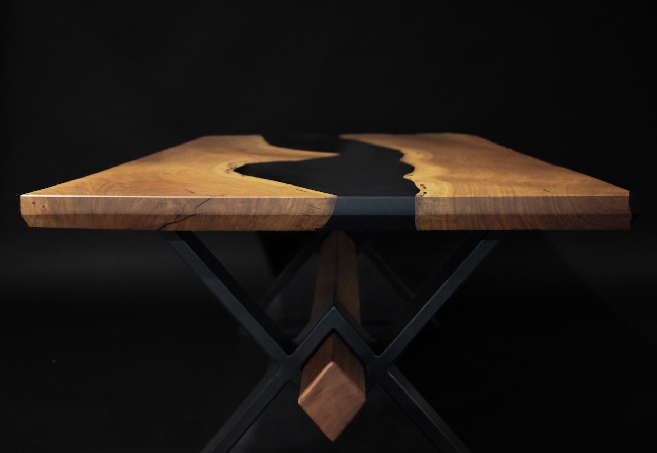 Cherry w/ Black Epoxy River Table with Metal Base