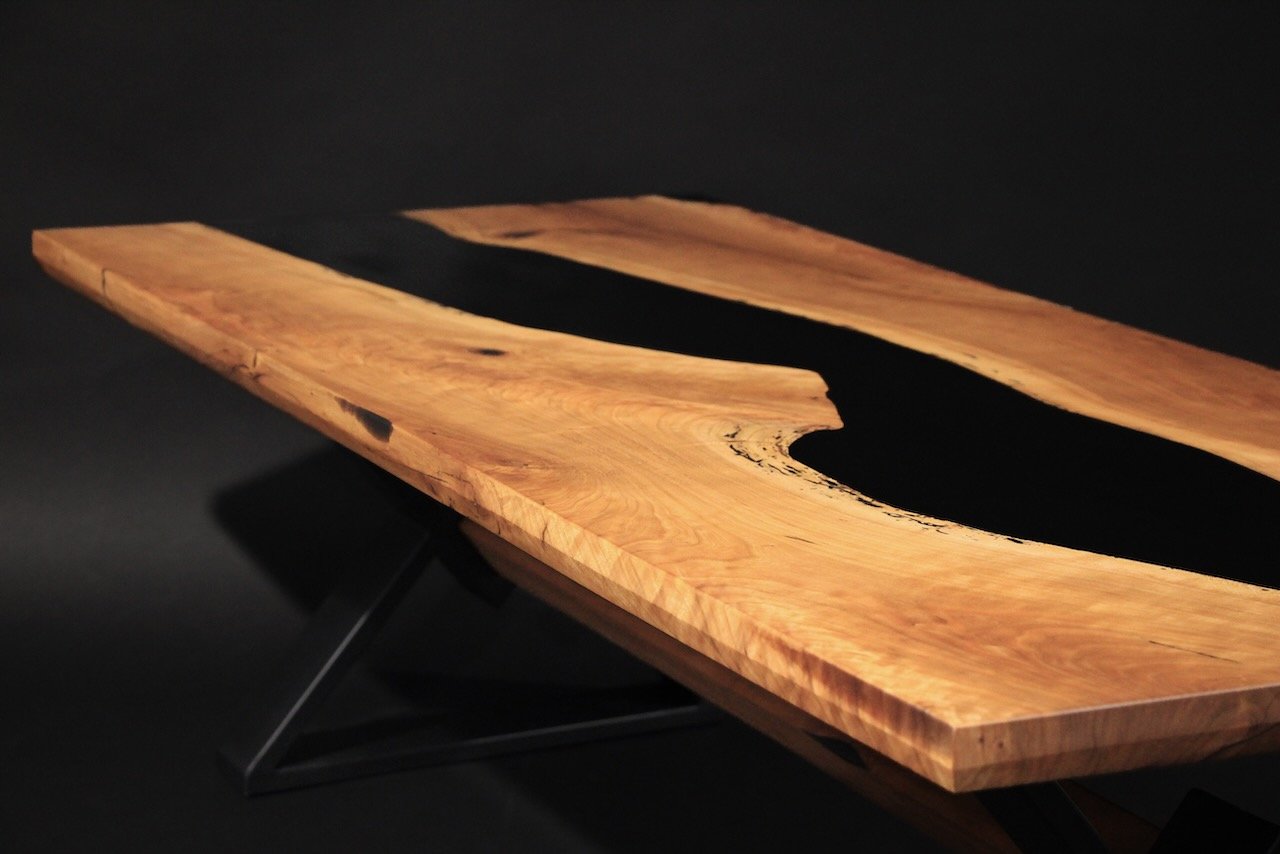 Cherry w/ Black Epoxy River Table with Metal Base