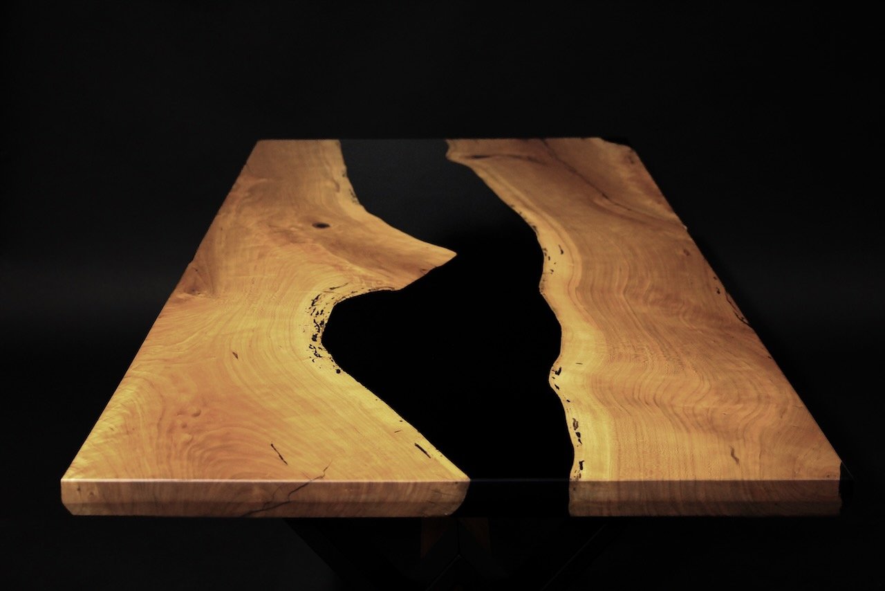 Cherry w/ Black Epoxy River Table with Metal Base