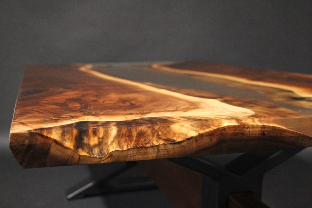 Walnut w/ Clear Epoxy River Table with Metal Base