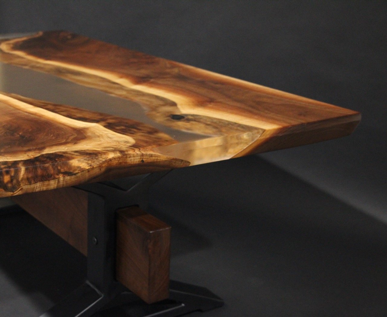 Walnut w/ Clear Epoxy River Table with Metal Base