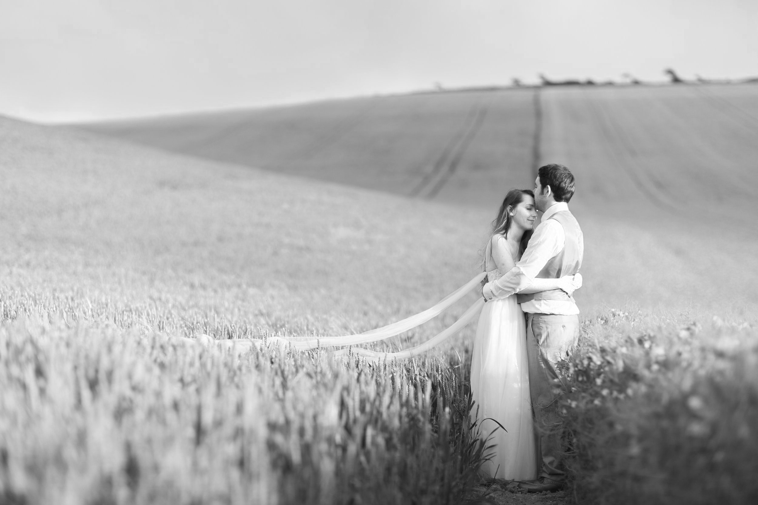 A black and white photo of a couple embracing in a field with rolling hills in the background, dressed in wedding attire.