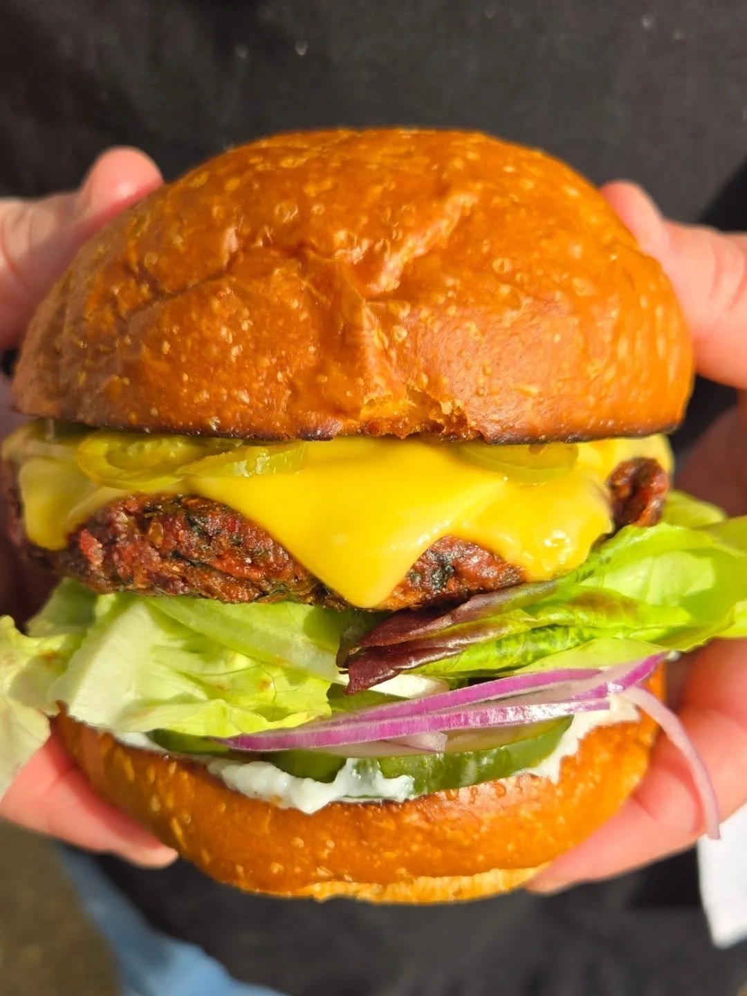 Weekend cheeseburger special. Super simple. Some tomato jam we've been saving from summer tomatoes. Pickled jalapenos. Chao cheese. Our kofta for the burger. On a brioche bun with @coldcofarm greens. Plus our housemade toum and dill pickles ... and r