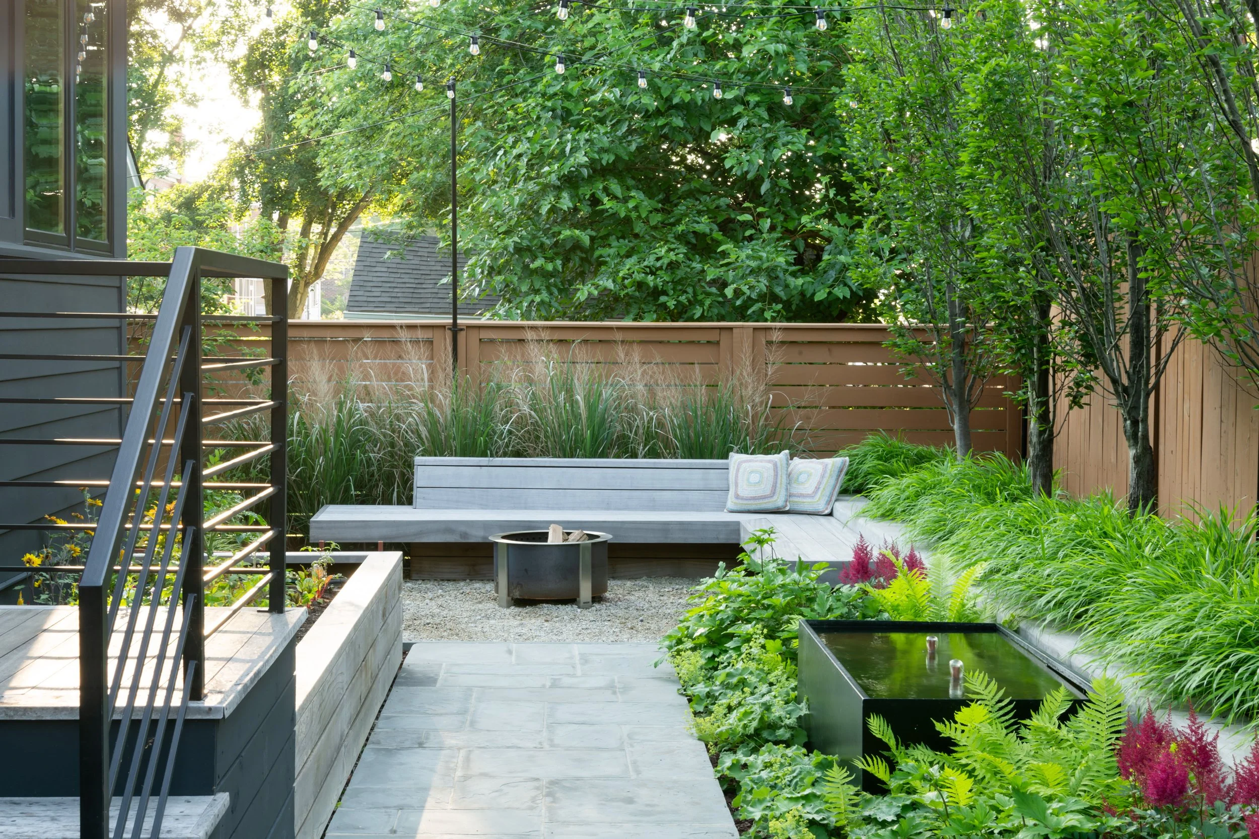 Custom wood bench designed by FORM Garden Design in the Del Ray neighborhood of Alexandria, Virginia.  