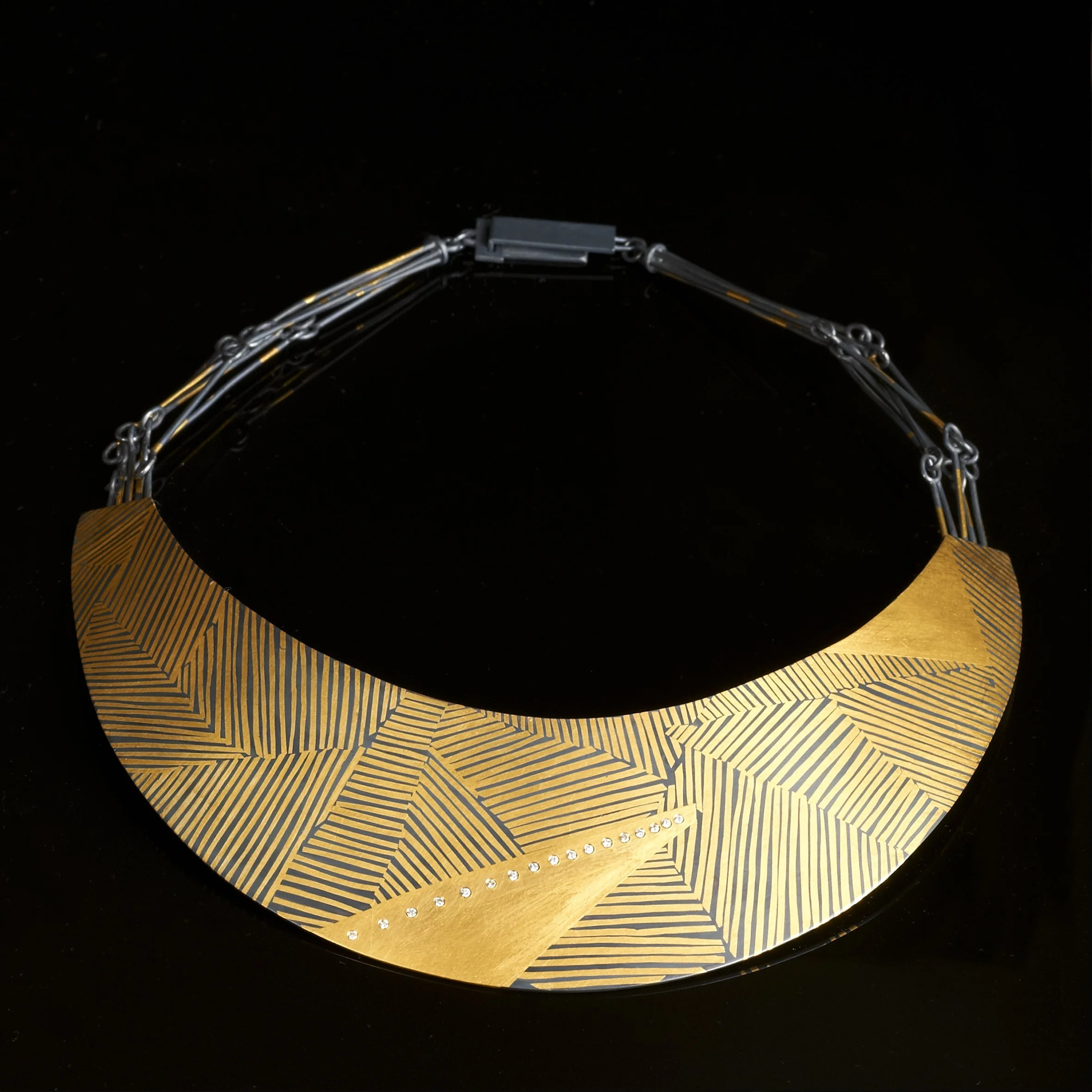 Fused Collar Oxidised silver, 24ct Gold, Diamonds